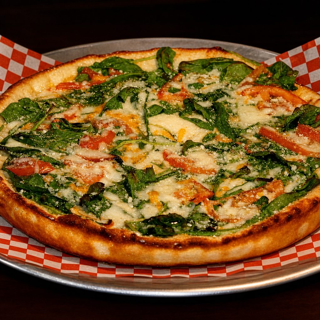 Spinach, Garlic, & Tomato Pizza 7" Small.